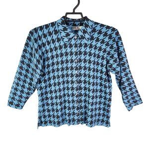 Women's Irka Blue & Black Houndstooth Silk Blend Shirt Button-Up Long Sleeve XL
